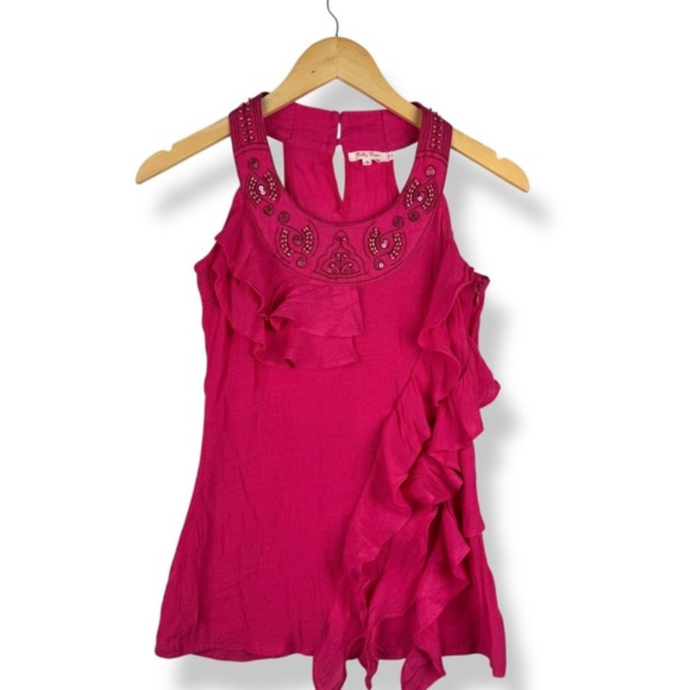 Hot Pink Beaded Ruffle Halter Top Womens Size Small Coquette Feminine Ethereal‎